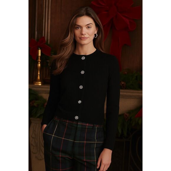 Talbots 100% Merino Wool Cardigan Sweater Black Size M Petite rhinestone Buttons - Picture 1 of 6